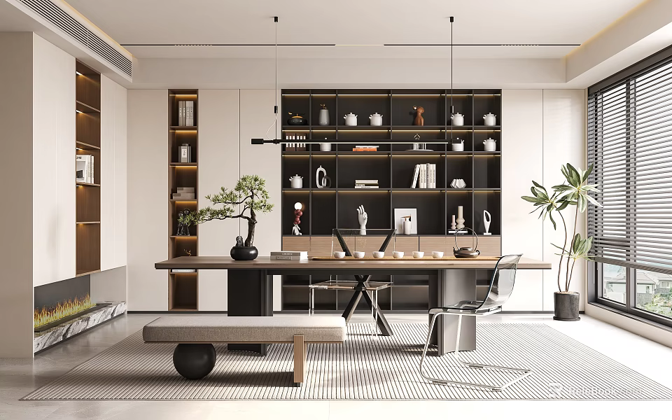 Modern Tea Room Interior Design With Long Table Wall Shelves Tea Sets And Potted Plants 3d model 