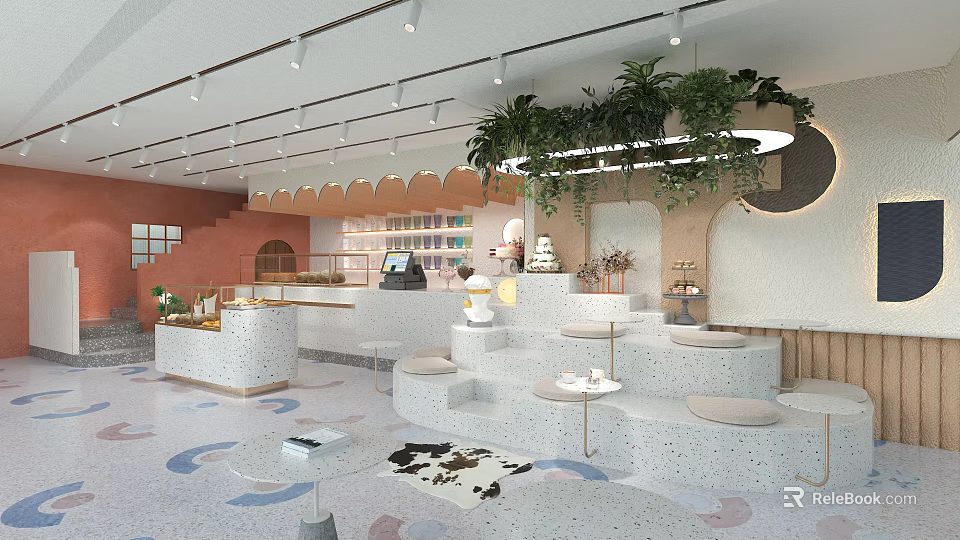 Modern Dessert Shop Interior With Display Counter Seating Area And Hanging Green Plants 3d model 