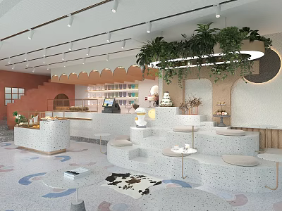 Modern Dessert Shop Interior With Display Counter Seating Area And Hanging Green Plants 3d model