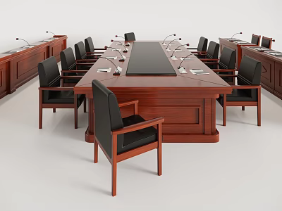 Long Elegant Wooden Conference Table With Black Leather Chairs And Microphones 3d model