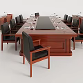 Long Elegant Wooden Conference Table With Black Leather Chairs And Microphones