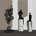 Abstract Sculptures Human Figures On Marble Pedestals Blue Spherical Stacked Design In Modern Interior