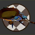 Fantasy Character In Elaborate Costume With Feathered Creature Playing Lute On Checkerboard Base