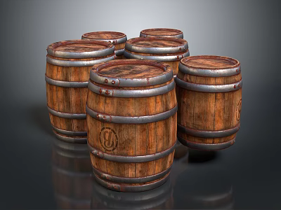 Classic Vintage Wooden Barrels With Metal Hoops And Distressed Wood Grain 3d model