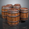 Classic Vintage Wooden Barrels With Metal Hoops And Distressed Wood Grain