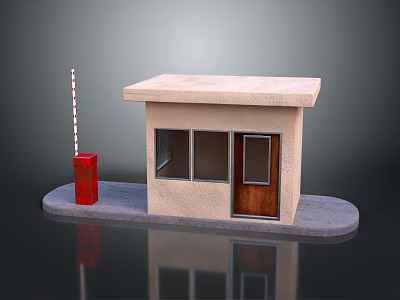 Small Beige Building With Wooden Door Windows And Red Striped Pole 3d model