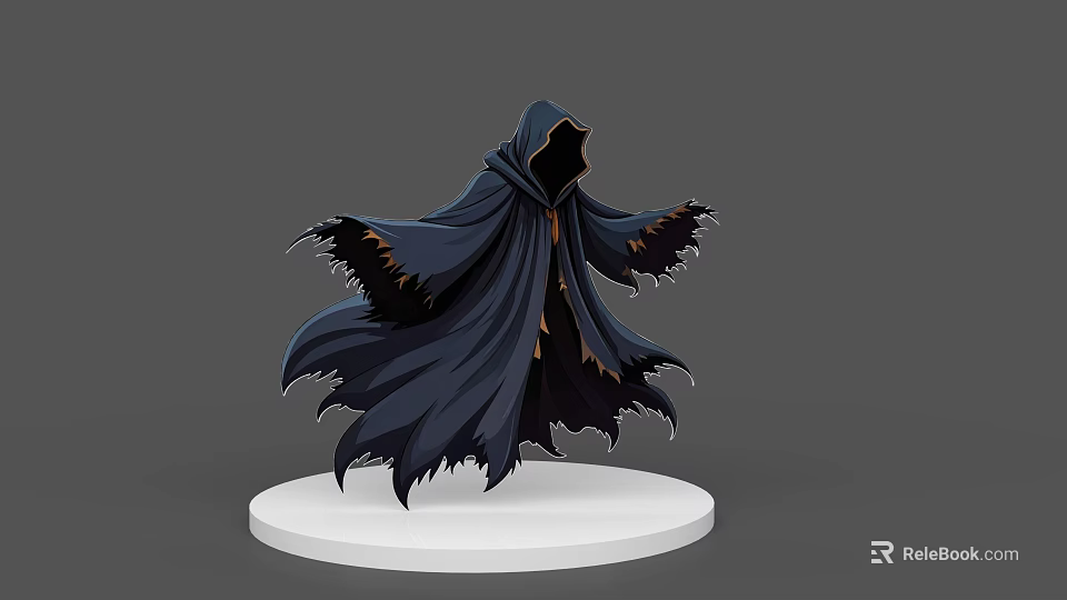 Mysterious Game Movie Character With Dark Blue Hooded Cloak Tattered Edges On White Base 3d model 