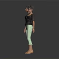 Woman In Black Top Light Green Cropped Pants Sandals And Different Hairstyles Front Side Views