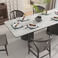 Modern Rectangular Dining Table With Six Chairs Table Settings And Green Plant Centerpiece 3d model