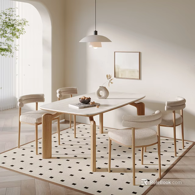 Modern Dining Table And Chairs Set With Light Wood Beige Seats Pendant Light And Patterned Rug 3d model 