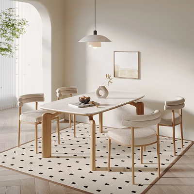 Modern Dining Table And Chairs Set With Light Wood Beige Seats Pendant Light And Patterned Rug 3d model