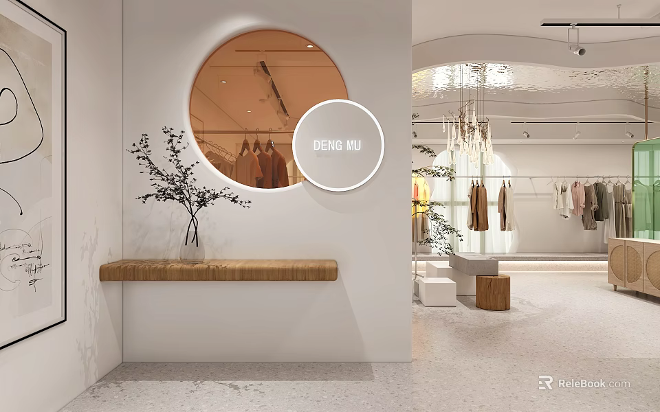 Modern Minimalist Clothing Store Interior With Circular Mirror Wooden Bench Potted Plants And Hanging Chandeliers 3d model 