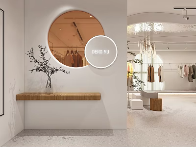 Modern Minimalist Clothing Store Interior With Circular Mirror Wooden Bench Potted Plants And Hanging Chandeliers 3d model