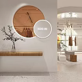 Modern Minimalist Clothing Store Interior With Circular Mirror Wooden Bench Potted Plants And Hanging Chandeliers