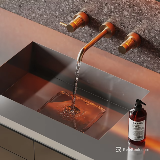 Modern Bathroom Sink With Brass Faucet Water Flowing And Liquid Soap Dispenser 3d model 