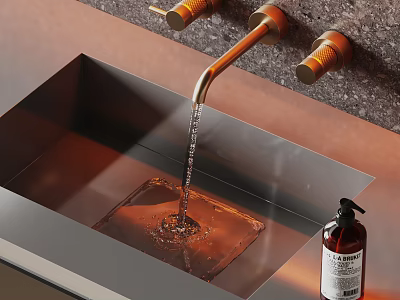 Modern Bathroom Sink With Brass Faucet Water Flowing And Liquid Soap Dispenser 3d model