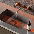 Modern Bathroom Sink With Brass Faucet Water Flowing And Liquid Soap Dispenser