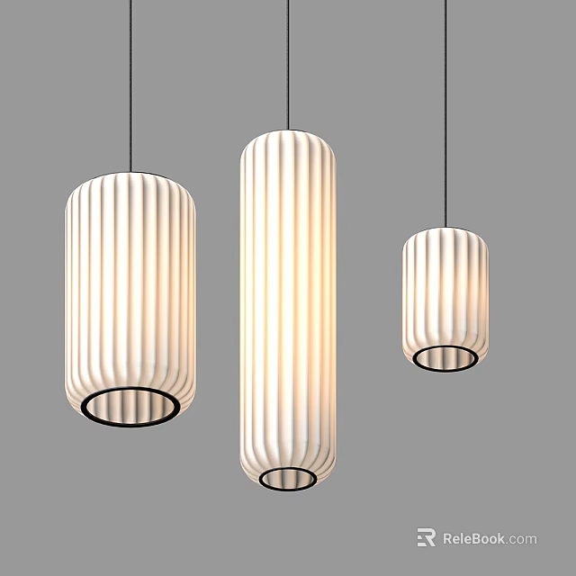 Three Cylindrical Pendant Lights with Vertical Striped White Shades and Black Base 3d model 