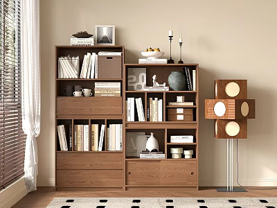 Wooden Bookshelf With Multiple Shelves Books Photo Frames And Decorative Items Near Window 3d model