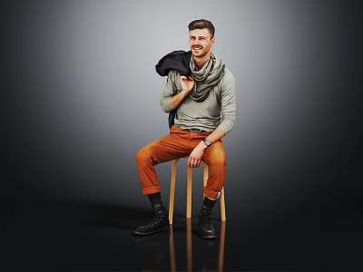 Man In Gray Turtleneck Sitting On Stool With Orange Pants Black Boots And Dark Coat 3d model