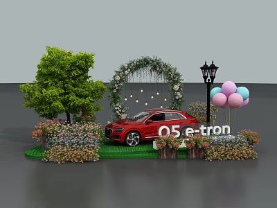 Red 05 e-tron Car Display with Flower Arch Green Grass Trees Balloons and Street Lamp 3d model