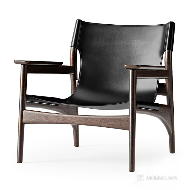 Modern Leisure Chair With Black Leather Upholstery And Dark Walnut Wooden Frame Design 3d model 