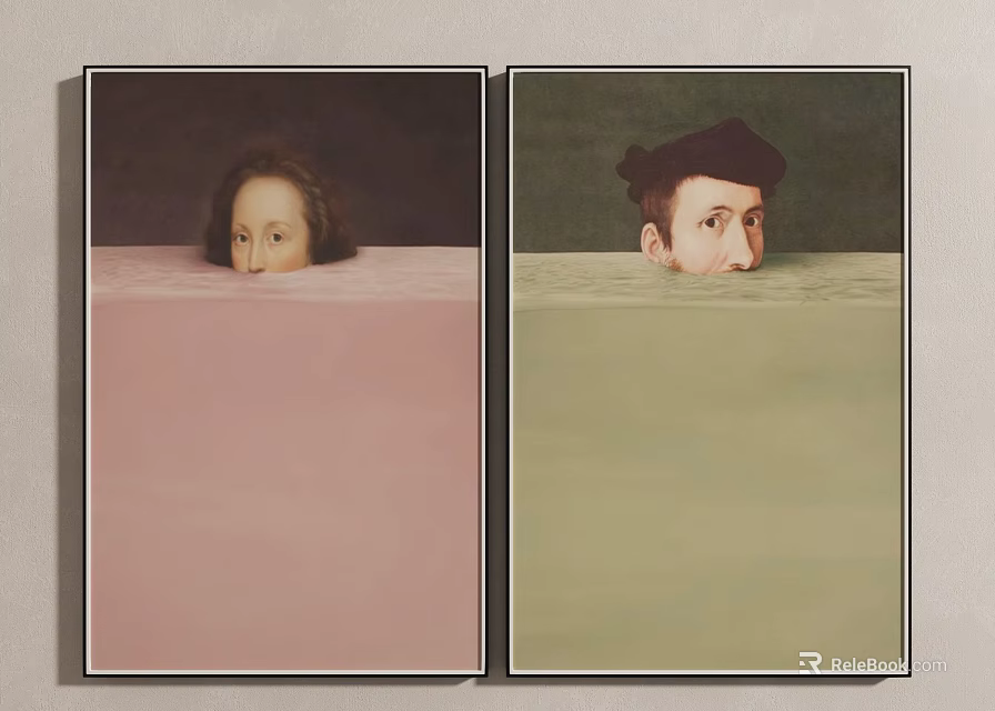 Portrait Paintings Featuring Two Heads Emerging From Water In Pink And Green Backgrounds With Black Frames 3d model 