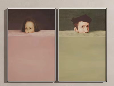 Portrait Paintings Featuring Two Heads Emerging From Water In Pink And Green Backgrounds With Black Frames 3d model