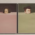 Portrait Paintings Featuring Two Heads Emerging From Water In Pink And Green Backgrounds With Black Frames