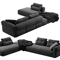 Modern Gray Sectional Sofa with Plush Cushions and Black Throw Blanket 3d model