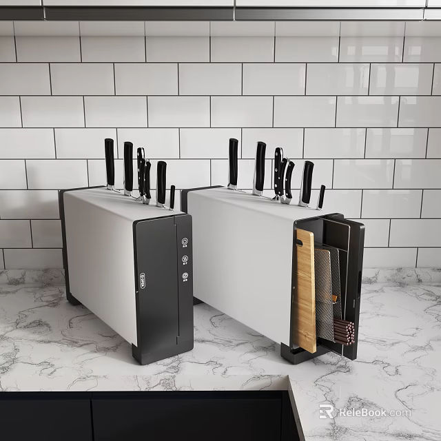 Modern White And Black Kitchen Knife Block With Multiple Knives On Marble Countertop 3d model 