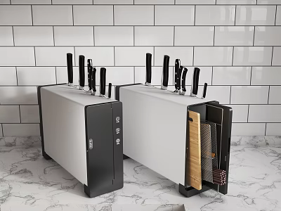 Modern White And Black Kitchen Knife Block With Multiple Knives On Marble Countertop 3d model