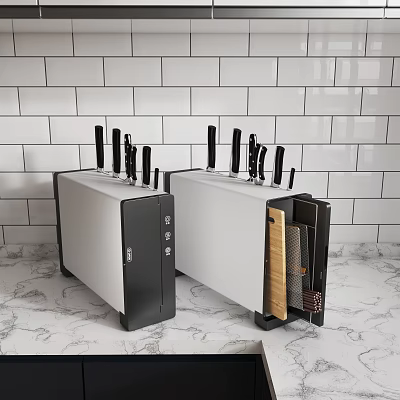 Modern White And Black Kitchen Knife Block With Multiple Knives On Marble Countertop 3d model