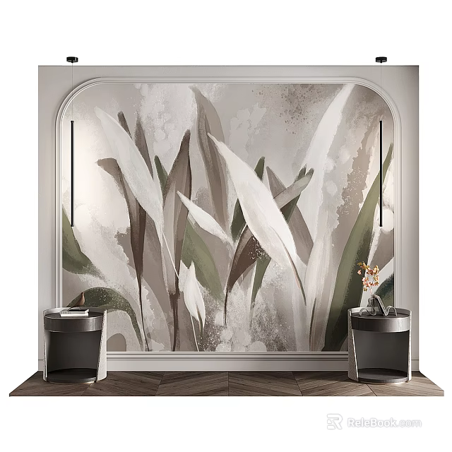 Elegant Bedroom Accent Wall With Large Leaf Pattern White Green Brown Side Lamps Wooden Floor 3d model 