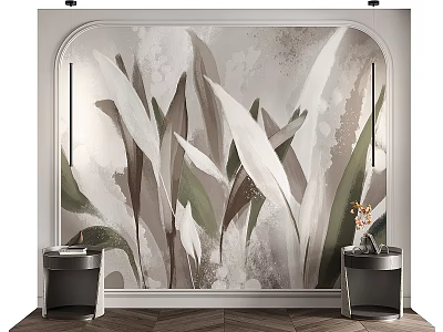 Elegant Bedroom Accent Wall With Large Leaf Pattern White Green Brown Side Lamps Wooden Floor 3d model