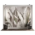 Elegant Bedroom Accent Wall With Large Leaf Pattern White Green Brown Side Lamps Wooden Floor
