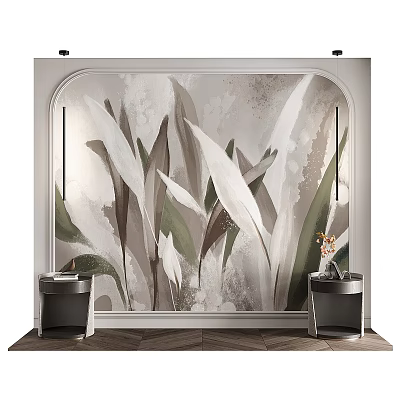Elegant Bedroom Accent Wall With Large Leaf Pattern White Green Brown Side Lamps Wooden Floor 3d model