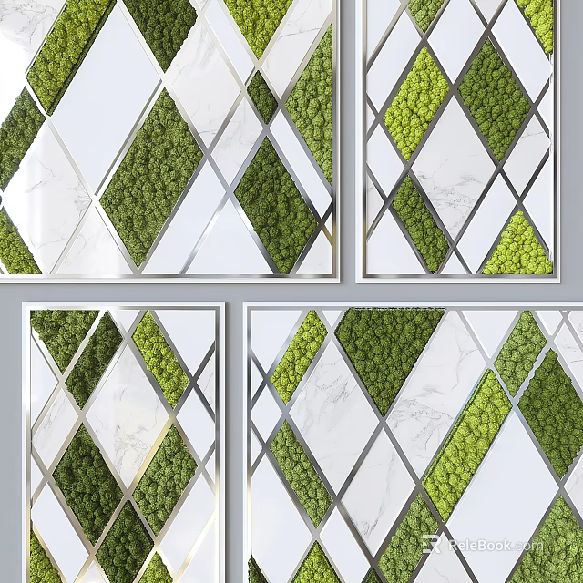 Decorative Green Plant Wall Design With Geometric Diamond Pattern And Metal Frame 3d model 