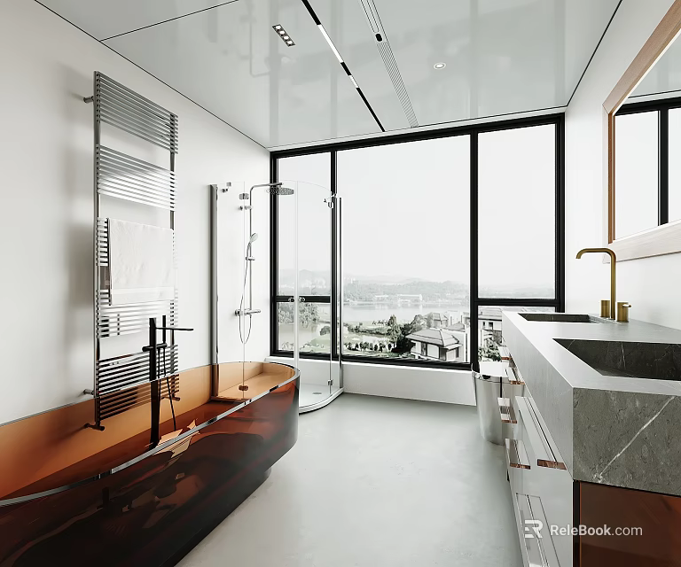 Sleek Modern Bright Bathroom With Panoramic View Window Luxury Freestanding Bathtub And Double Sink Vanity 3d model 