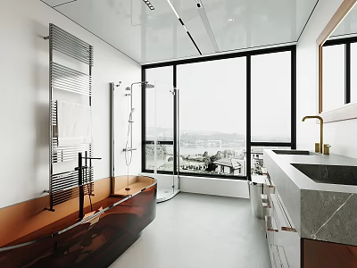 Sleek Modern Bright Bathroom With Panoramic View Window Luxury Freestanding Bathtub And Double Sink Vanity 3d model
