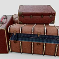 Three Vintage Brown Leather Suitcases Open One With Blue Fabric And Red Item Inside Storage