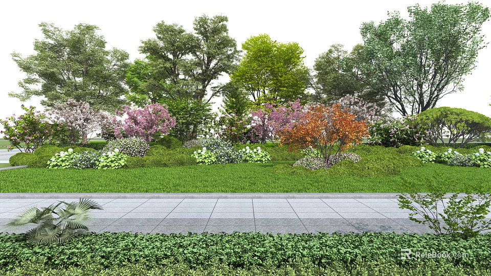 Garden Landscape Design With Various Trees Colorful Foliage Green Lawn And Stone Pathway 3d model 