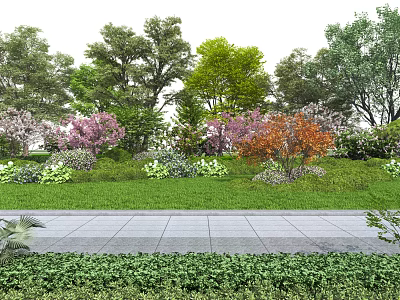 Garden Landscape Design With Various Trees Colorful Foliage Green Lawn And Stone Pathway 3d model