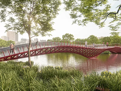 Red Arch Bridge Over Water With Greenery Trees And People Walking 3d model