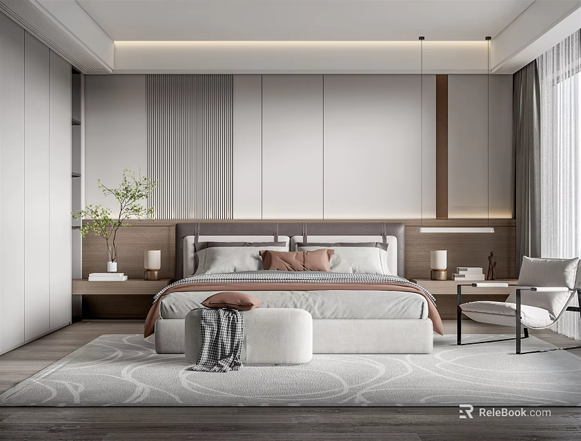 Modern Bedroom Interior Design With Bed Headboard Nightstands Rug Chair Curtains And Plant 3d model 