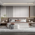 Modern Bedroom Interior Design With Bed Headboard Nightstands Rug Chair Curtains And Plant