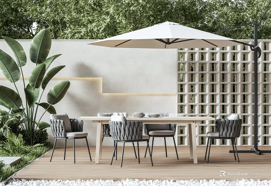 Modern Outdoor Wooden Table With Gray Chairs Umbrella And Green Plants 3d model 
