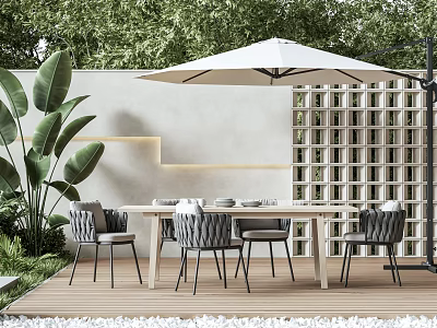 Modern Outdoor Wooden Table With Gray Chairs Umbrella And Green Plants 3d model