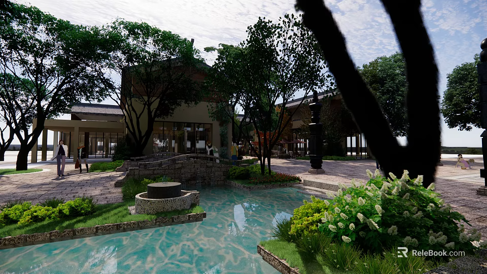 Commercial Landscape Design Featuring Modern Buildings Lush Greenery Water Pond And Stone Paths 3d model 