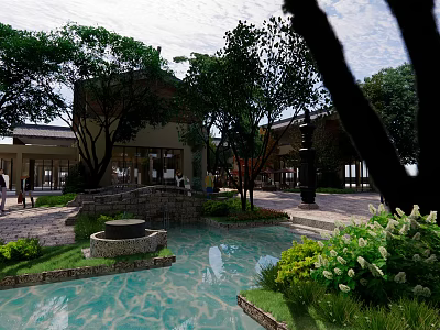 Commercial Landscape Design Featuring Modern Buildings Lush Greenery Water Pond And Stone Paths 3d model